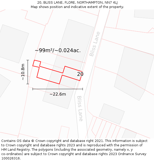 20, BLISS LANE, FLORE, NORTHAMPTON, NN7 4LJ: Plot and title map