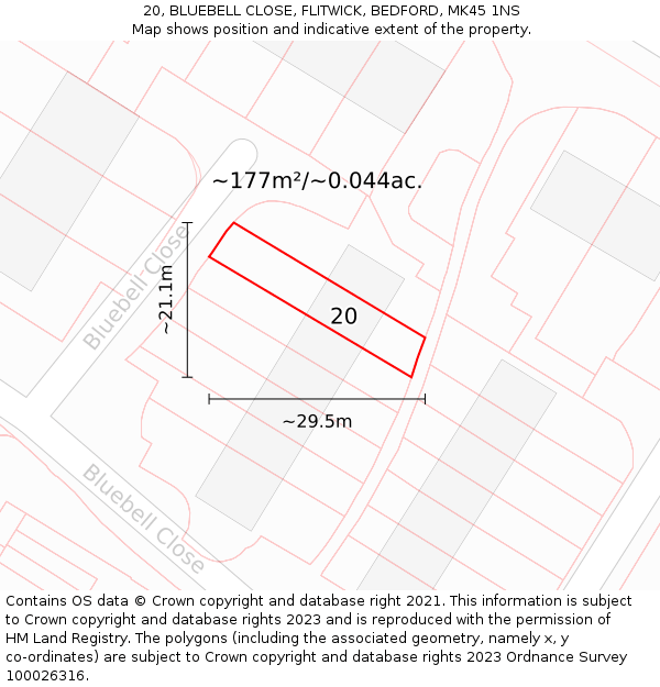 20, BLUEBELL CLOSE, FLITWICK, BEDFORD, MK45 1NS: Plot and title map
