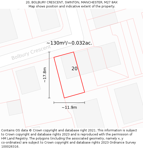 20, BOLBURY CRESCENT, SWINTON, MANCHESTER, M27 8AX: Plot and title map