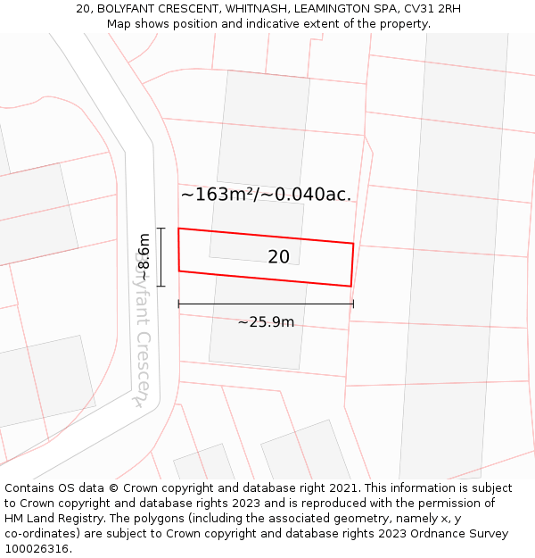20, BOLYFANT CRESCENT, WHITNASH, LEAMINGTON SPA, CV31 2RH: Plot and title map