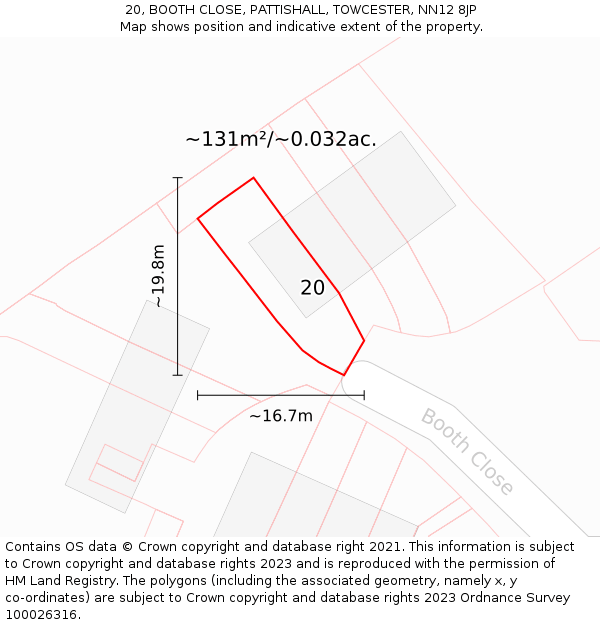 20, BOOTH CLOSE, PATTISHALL, TOWCESTER, NN12 8JP: Plot and title map
