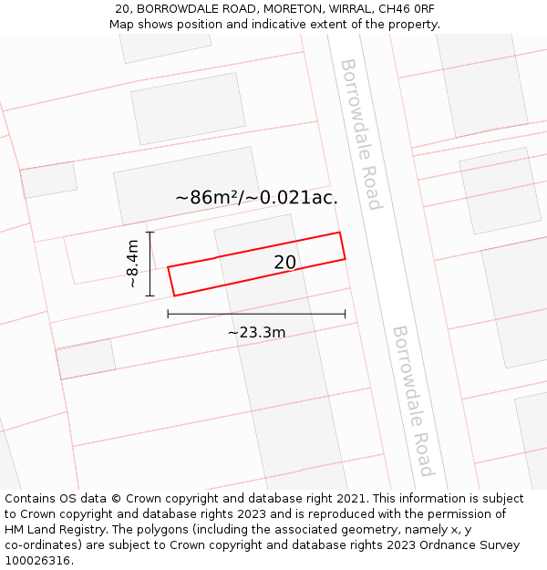 20, BORROWDALE ROAD, MORETON, WIRRAL, CH46 0RF: Plot and title map