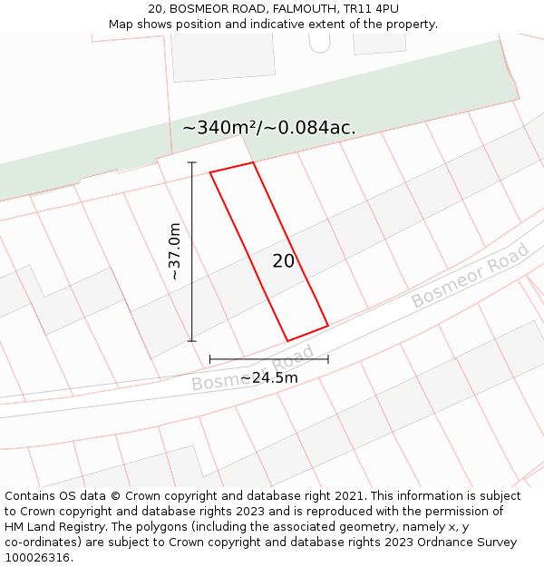 20, BOSMEOR ROAD, FALMOUTH, TR11 4PU: Plot and title map
