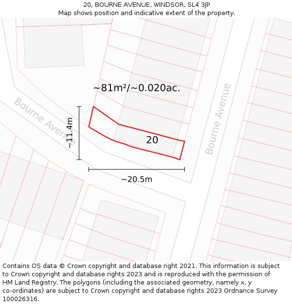 20, BOURNE AVENUE, WINDSOR, SL4 3JP: Plot and title map