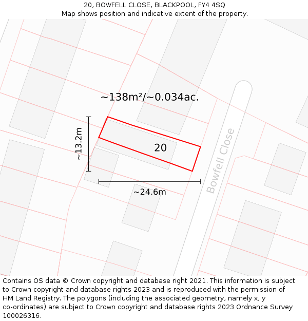 20, BOWFELL CLOSE, BLACKPOOL, FY4 4SQ: Plot and title map