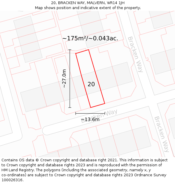 20, BRACKEN WAY, MALVERN, WR14 1JH: Plot and title map