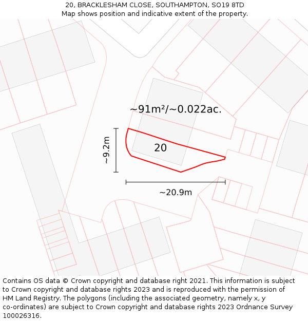 20, BRACKLESHAM CLOSE, SOUTHAMPTON, SO19 8TD: Plot and title map