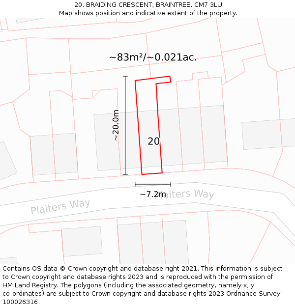 20, BRAIDING CRESCENT, BRAINTREE, CM7 3LU: Plot and title map