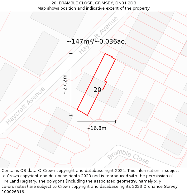 20, BRAMBLE CLOSE, GRIMSBY, DN31 2DB: Plot and title map