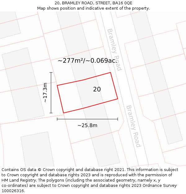 20, BRAMLEY ROAD, STREET, BA16 0QE: Plot and title map