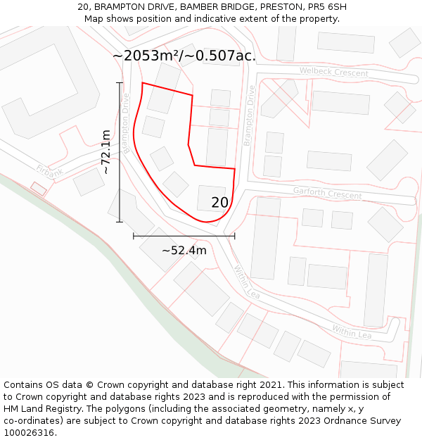20, BRAMPTON DRIVE, BAMBER BRIDGE, PRESTON, PR5 6SH: Plot and title map