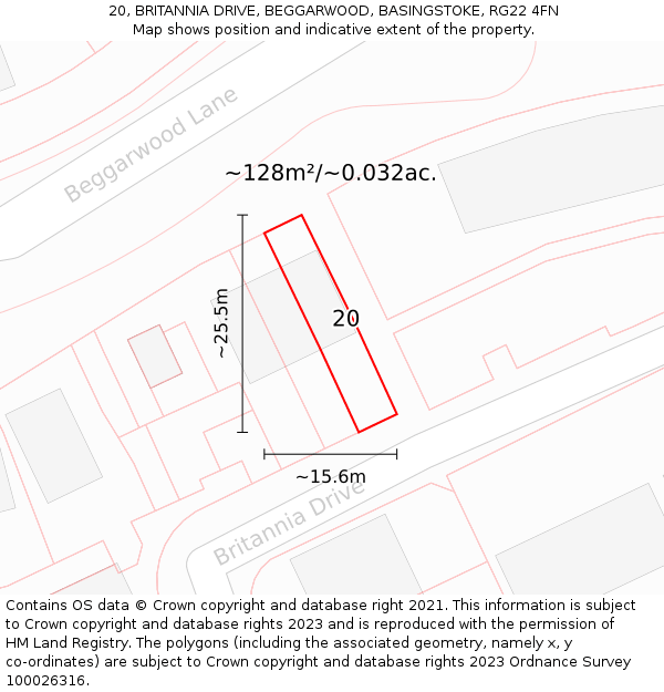 20, BRITANNIA DRIVE, BEGGARWOOD, BASINGSTOKE, RG22 4FN: Plot and title map