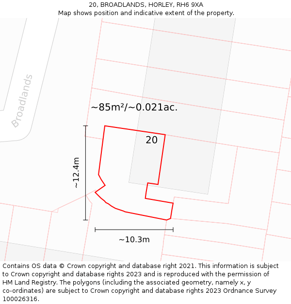 20, BROADLANDS, HORLEY, RH6 9XA: Plot and title map
