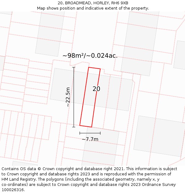 20, BROADMEAD, HORLEY, RH6 9XB: Plot and title map