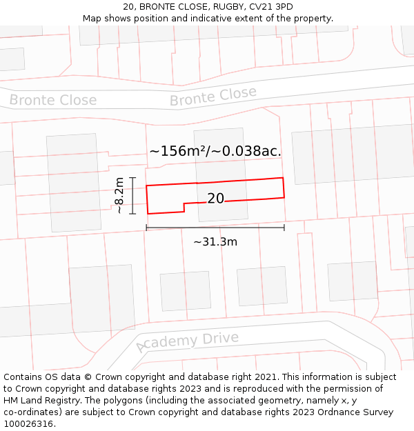 20, BRONTE CLOSE, RUGBY, CV21 3PD: Plot and title map