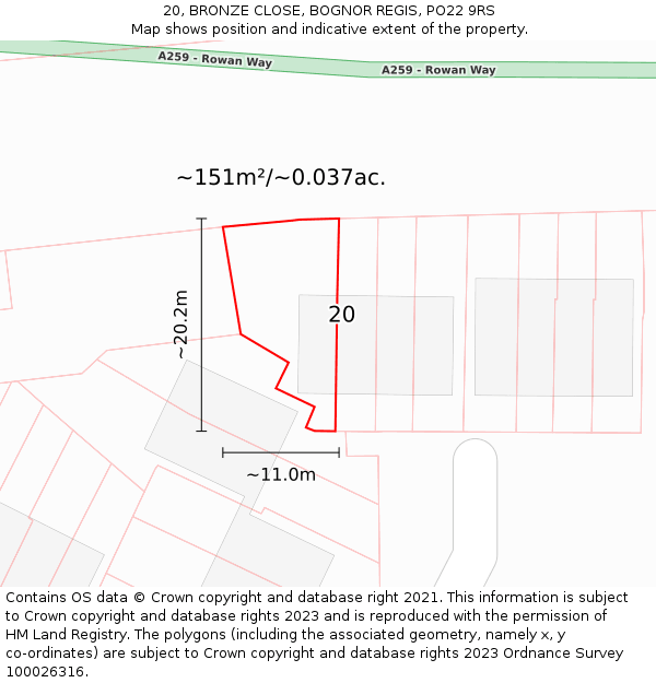 20, BRONZE CLOSE, BOGNOR REGIS, PO22 9RS: Plot and title map