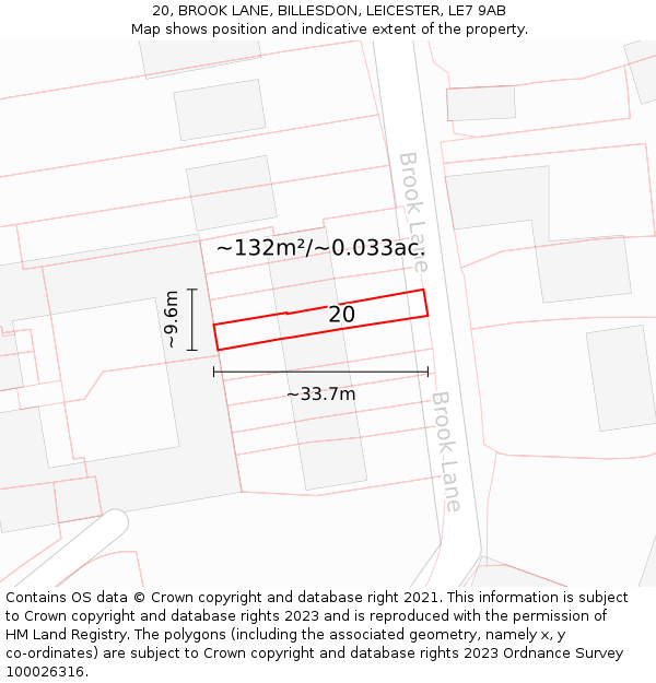 20, BROOK LANE, BILLESDON, LEICESTER, LE7 9AB: Plot and title map