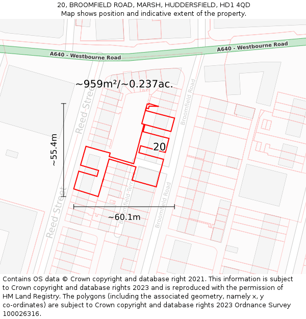 20, BROOMFIELD ROAD, MARSH, HUDDERSFIELD, HD1 4QD: Plot and title map