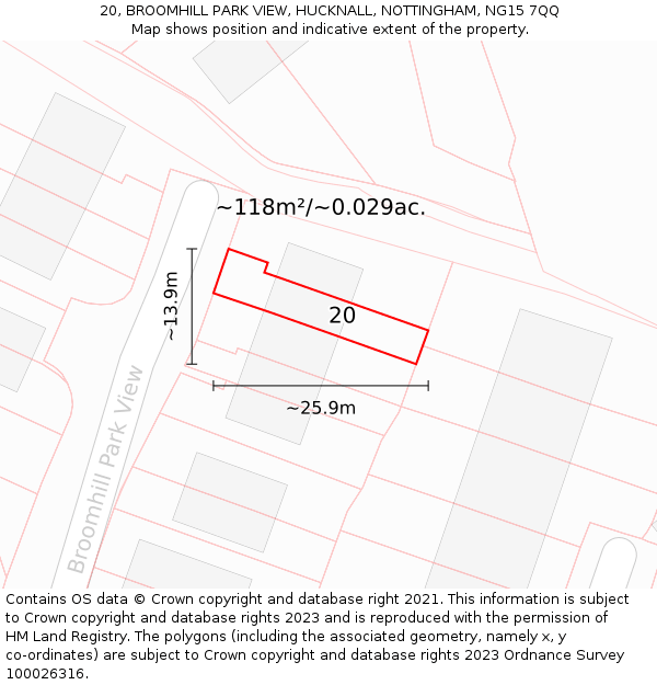 20, BROOMHILL PARK VIEW, HUCKNALL, NOTTINGHAM, NG15 7QQ: Plot and title map