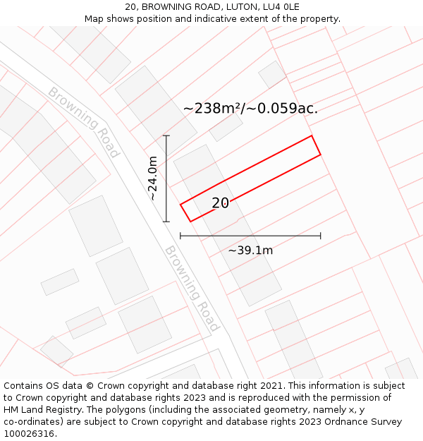 20, BROWNING ROAD, LUTON, LU4 0LE: Plot and title map