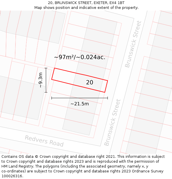 20, BRUNSWICK STREET, EXETER, EX4 1BT: Plot and title map