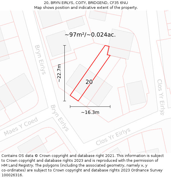 20, BRYN EIRLYS, COITY, BRIDGEND, CF35 6NU: Plot and title map
