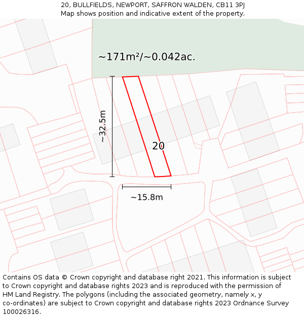 20, BULLFIELDS, NEWPORT, SAFFRON WALDEN, CB11 3PJ: Plot and title map