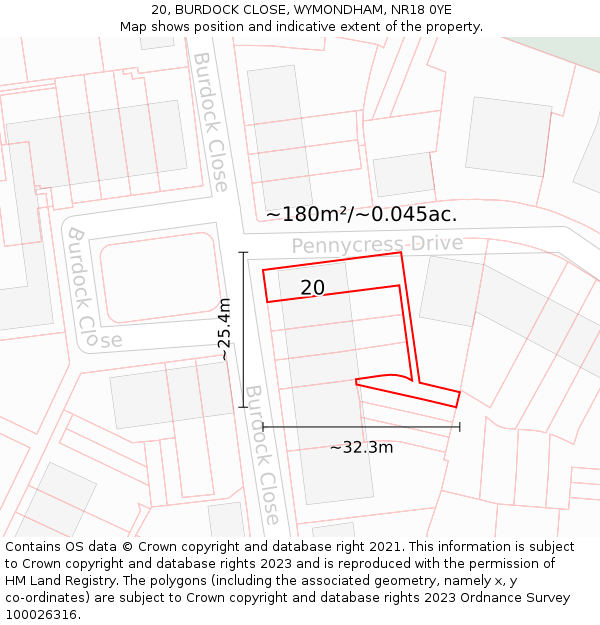 20, BURDOCK CLOSE, WYMONDHAM, NR18 0YE: Plot and title map