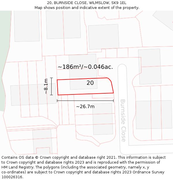 20, BURNSIDE CLOSE, WILMSLOW, SK9 1EL: Plot and title map