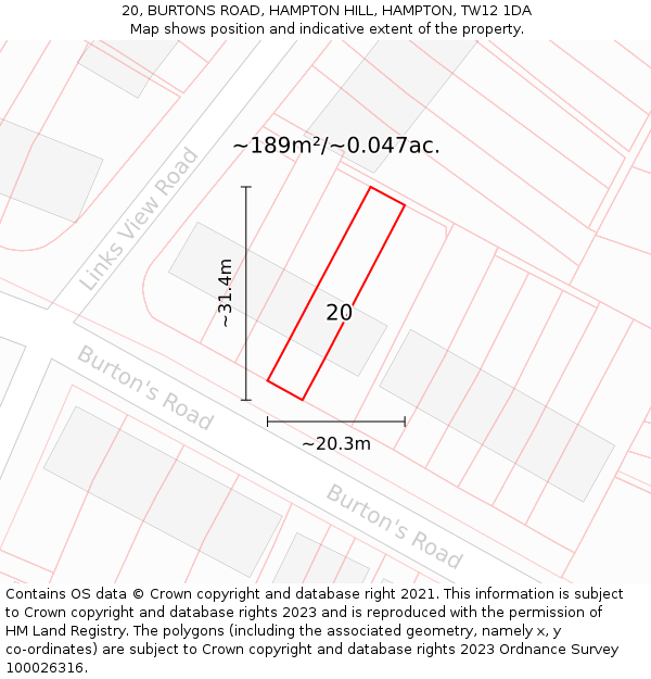 20, BURTONS ROAD, HAMPTON HILL, HAMPTON, TW12 1DA: Plot and title map