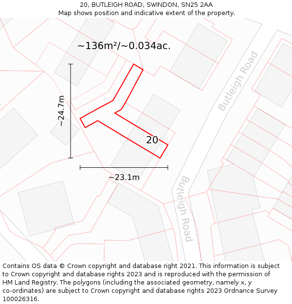 20, BUTLEIGH ROAD, SWINDON, SN25 2AA: Plot and title map