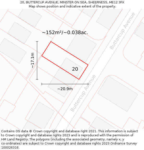 20, BUTTERCUP AVENUE, MINSTER ON SEA, SHEERNESS, ME12 3FX: Plot and title map