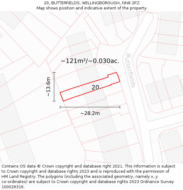 20, BUTTERFIELDS, WELLINGBOROUGH, NN8 2PZ: Plot and title map