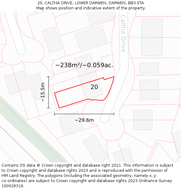 20, CALTHA DRIVE, LOWER DARWEN, DARWEN, BB3 0TA: Plot and title map