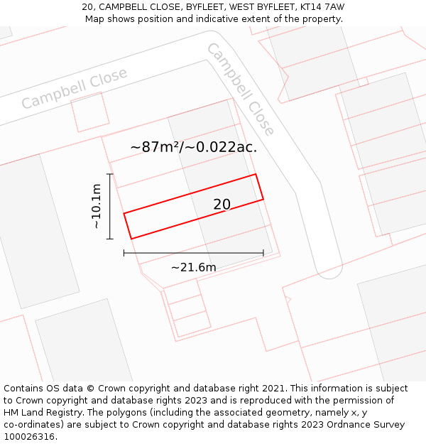 20, CAMPBELL CLOSE, BYFLEET, WEST BYFLEET, KT14 7AW: Plot and title map