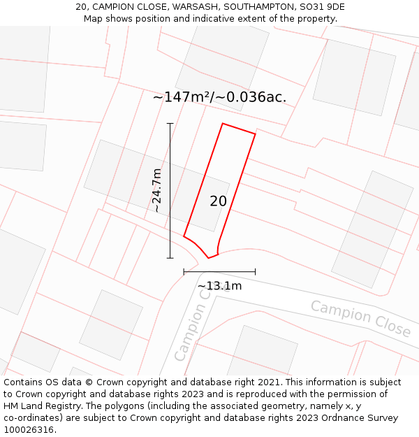 20, CAMPION CLOSE, WARSASH, SOUTHAMPTON, SO31 9DE: Plot and title map