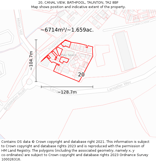 20, CANAL VIEW, BATHPOOL, TAUNTON, TA2 8BF: Plot and title map