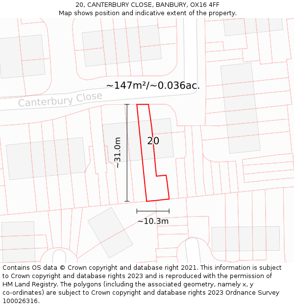20, CANTERBURY CLOSE, BANBURY, OX16 4FF: Plot and title map