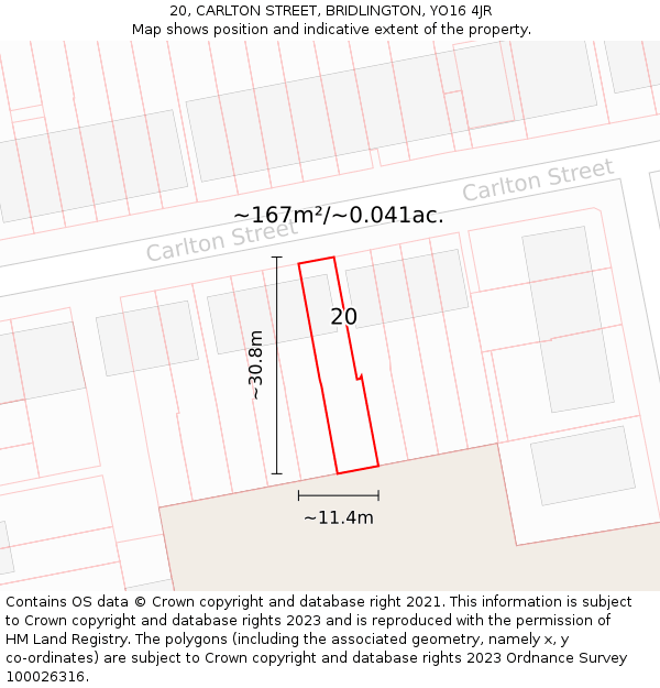 20, CARLTON STREET, BRIDLINGTON, YO16 4JR: Plot and title map