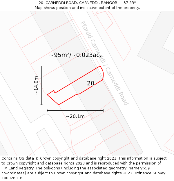 20, CARNEDDI ROAD, CARNEDDI, BANGOR, LL57 3RY: Plot and title map