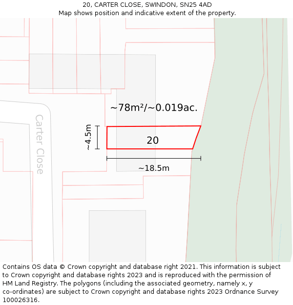 20, CARTER CLOSE, SWINDON, SN25 4AD: Plot and title map