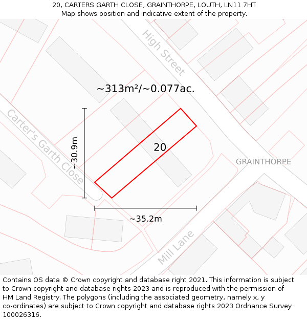 20, CARTERS GARTH CLOSE, GRAINTHORPE, LOUTH, LN11 7HT: Plot and title map
