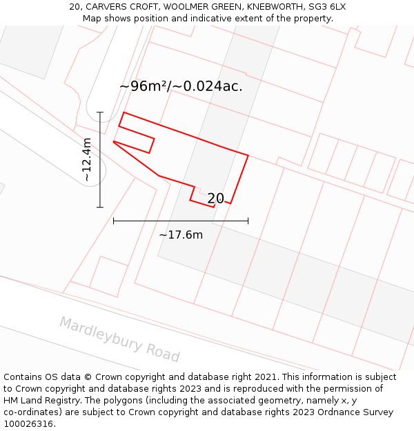 20, CARVERS CROFT, WOOLMER GREEN, KNEBWORTH, SG3 6LX: Plot and title map