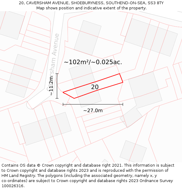 20, CAVERSHAM AVENUE, SHOEBURYNESS, SOUTHEND-ON-SEA, SS3 8TY: Plot and title map