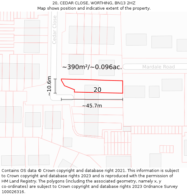20, CEDAR CLOSE, WORTHING, BN13 2HZ: Plot and title map
