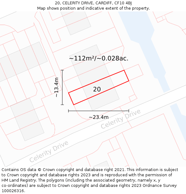 20, CELERITY DRIVE, CARDIFF, CF10 4BJ: Plot and title map