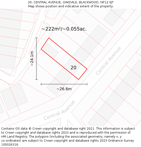20, CENTRAL AVENUE, OAKDALE, BLACKWOOD, NP12 0JT: Plot and title map