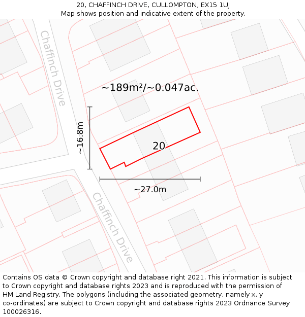 20, CHAFFINCH DRIVE, CULLOMPTON, EX15 1UJ: Plot and title map