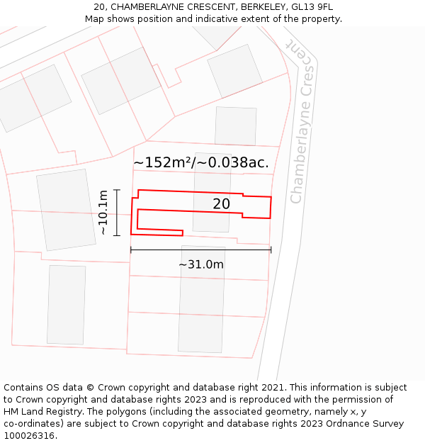 20, CHAMBERLAYNE CRESCENT, BERKELEY, GL13 9FL: Plot and title map