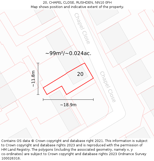 20, CHAPEL CLOSE, RUSHDEN, NN10 0FH: Plot and title map